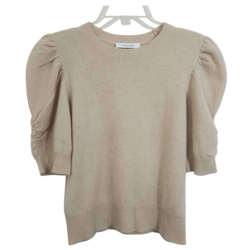 Frame Cashmere Gathered Frankie Short Sleeve Sweater Top M Vanilla Ivory